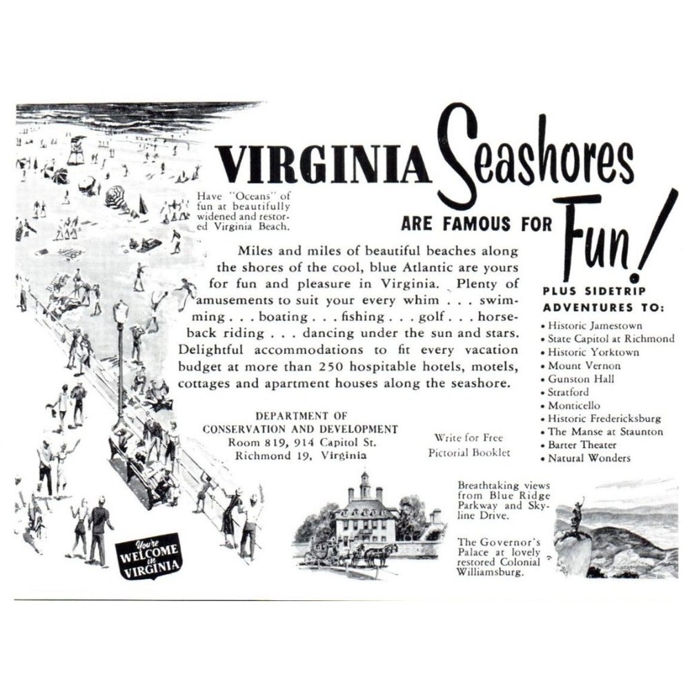 1953 Virginia Seashores Vacation Fun Vintage Print Ad Beach Williamsburg Art